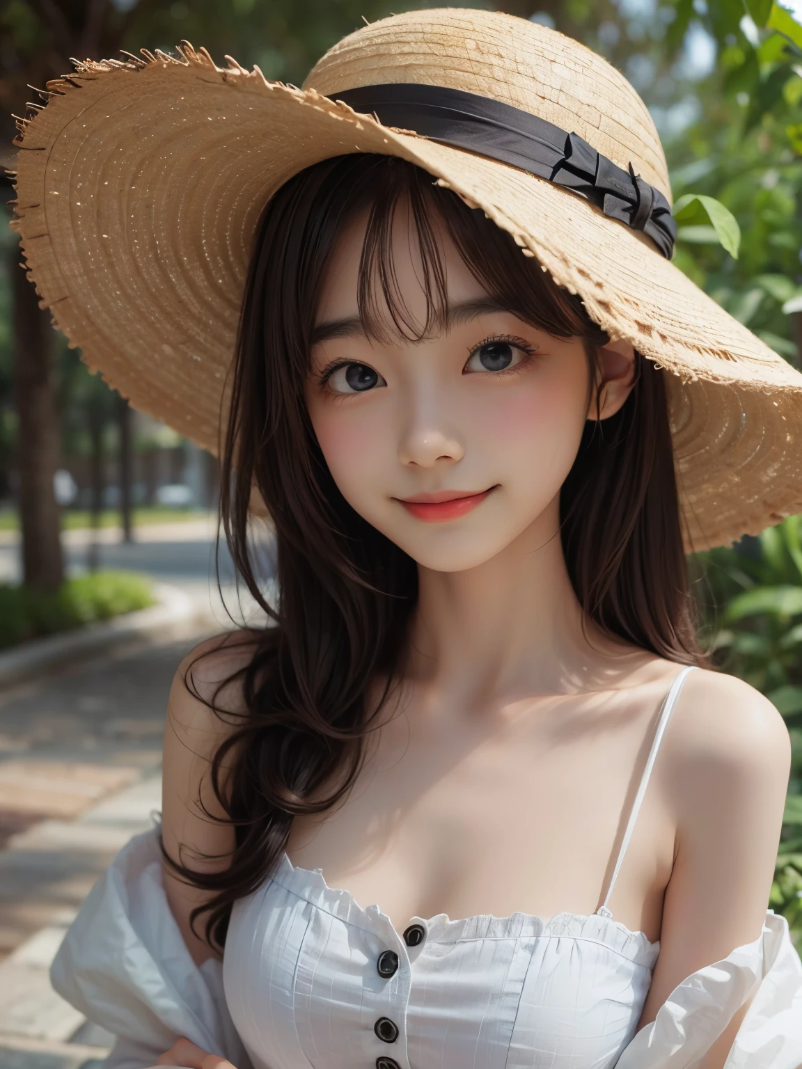 master piece , best quality , woman , straw hat , smile , outdoor