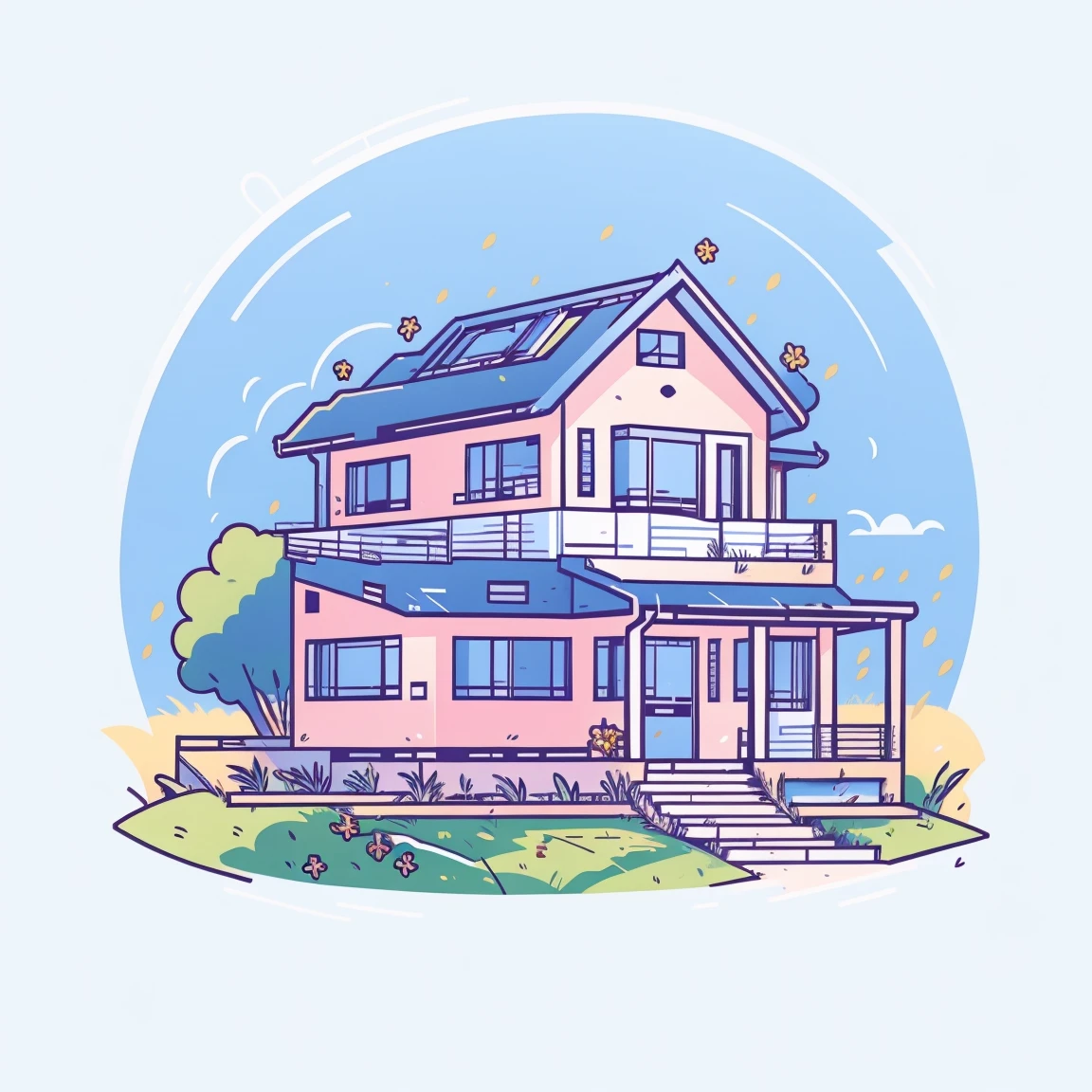 flower，Sky，house，grassland，sd mai, Flat illustration,