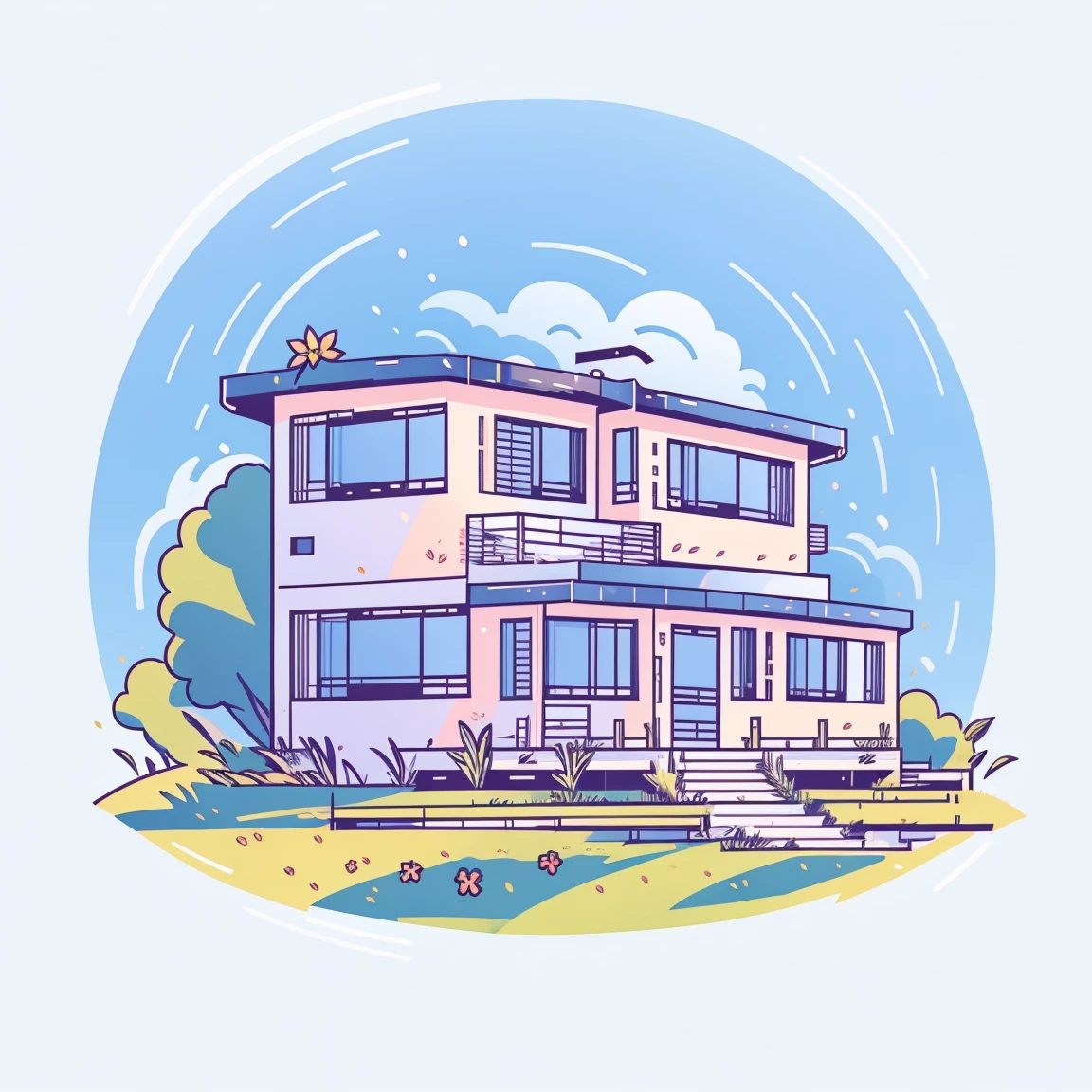 flower，Sky，house，grassland，sd mai, Flat illustration,