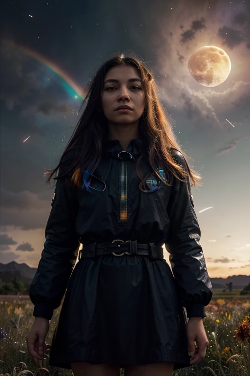 vast landscape photos , (The view from below，Above is the sky，There is an open field below), girl standing in the flower field looking up, (Full Moon:1.2), ( meteor:0.9), (nebula:1.3), Distant Mountains, Tree fracture making art, (Warm light source:1.2), (firefly:1.2), lamp, Lots of purple and orange, Intricate details, Volumetric LightingBREAK
(masterpiece:1.2), (best quality), 4K, Super detailed, (Dynamic Synthesis:1.4), Very detailed, Colorful Detailed,( Rainbow Colors:1.2), (Luminous lighting, Mood lighting), dream, magic, (Solitary:1.2)