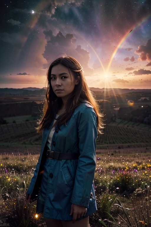 vast landscape photos , (The view from below,Above is the sky,There is an open field below), girl standing in the flower field looking up, (Full Moon:1.2), ( meteor:0.9), (nebula:1.3), Distant Mountains, Tree fracture making art, (Warm light source:1.2), (firefly:1.2), lamp, Lots of purple and orange, Intricate details, Volumetric LightingBREAK
(masterpiece:1.2), (best quality), 4K, Super detailed, (Dynamic Synthesis:1.4), Very detailed, Colorful Detailed,( Rainbow Colors:1.2), (Luminous lighting, Mood lighting), dream, magic, (Solitary:1.2)