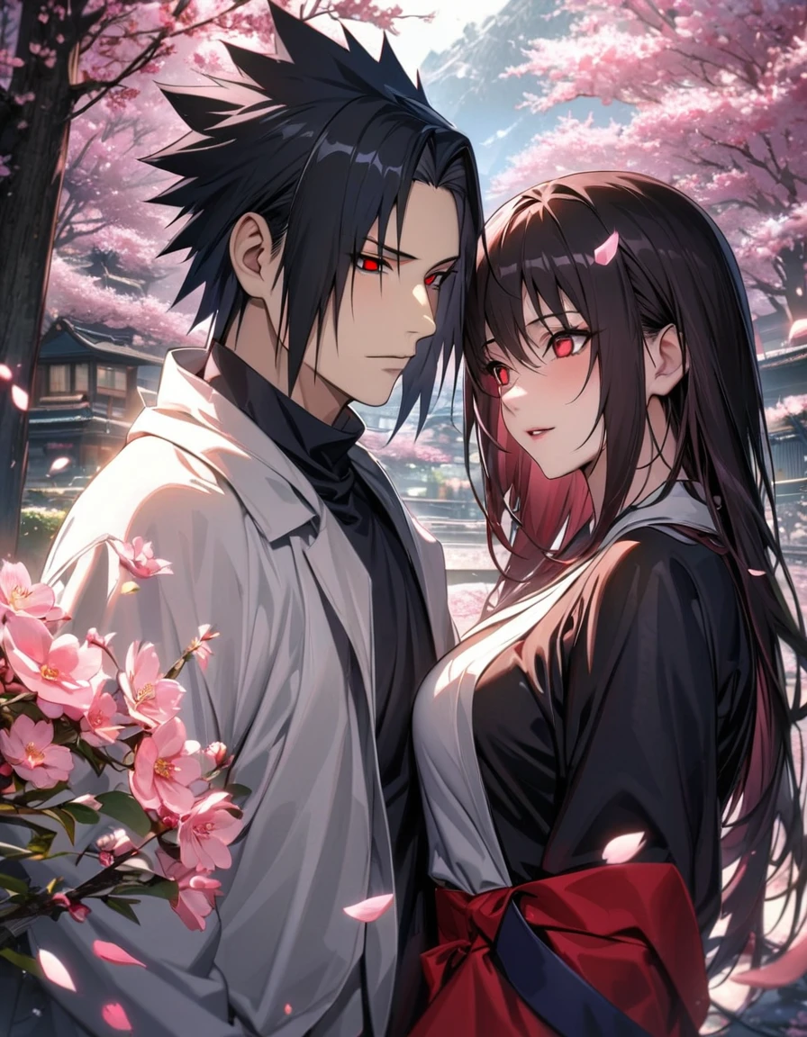 absurdres, highres, ultra detailed, HDR, master piece, best quality, extremely detailed face and eyes, Uchiha Sasuke, black hair, expressive red eyes, Naruto Shippuden, Karin, expressive red eyes, red long hair, a handsome man together with a beautiful woman, couple, pink petals, blossoms, trees, pink flowers