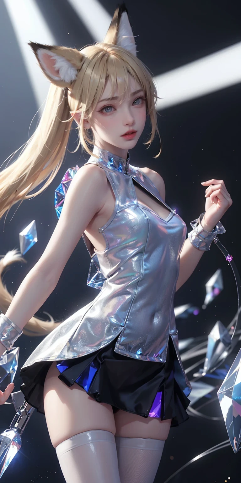 Super Resolution, (Realism: 1.3), 1 (Slim: 1.2) Girl, Solo, Looking at the Audience, League of Legends, Fox, KDA Fox, Blonde Hair, Fox Ears, Fox Tail, Blue Coat, White Top, Black Skirt, Laser, Light Effect, Super Perfect Face, Perfect Eyes, Good Looking, ((Crystal Tail,)) Lots of Tails, Perfect Eyes