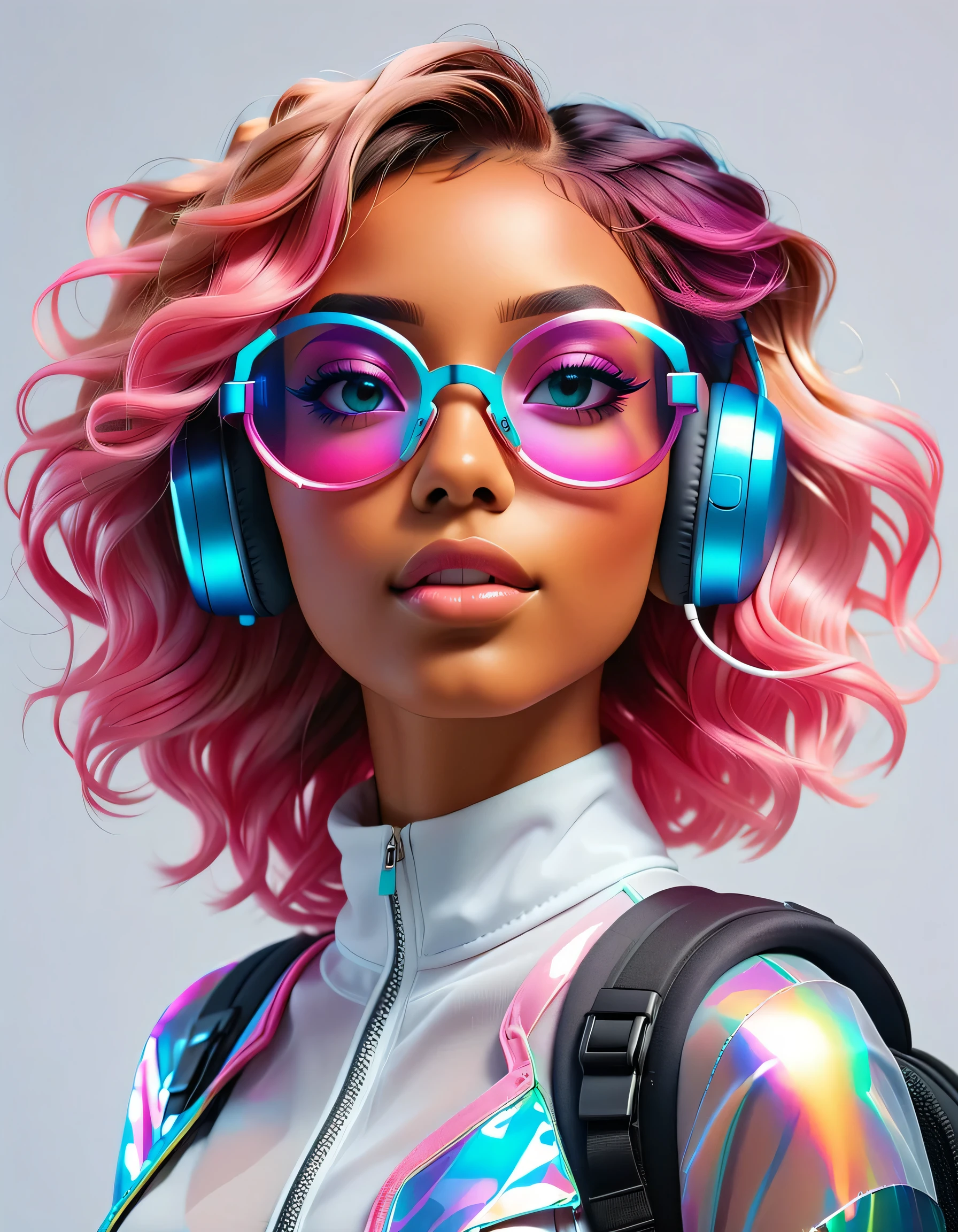 A beautiful young woman, with light brown skin, short and wavy pink and blue hair, with futuristic translucent glasses holographic neon style and a futuristic earphone bluethooth. She is wearing a travel backpack. white background. Vibrant colors, cinematic image.