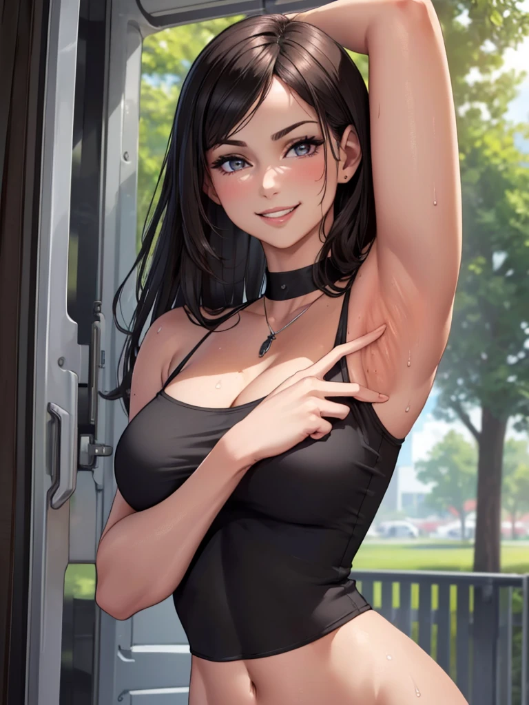 (masterpiece, highest quality, fotoRealistic, High resolution, photograph, :1.3), close, Sharp focus, One Mature Woman, Hot Model, diaphragm,Wearing a tight red tank top on her upper body, Highly detailed eyes and pupils, Realistic Skin, blush,Big Breasts, Perfect body, Cleavage, (((Posing in the armpit crack))),((Sweaty)),Highly detailed hair, Delicate and sexy face, Sensual Gas, Glossy Lips, ((Wear a cropped black top, Wear a pendant)), Outdoor, ((Realistic, Super Realistic, realism, Realistic詳細)),(Captivating smile:1.4),Browsing Caution,Anatomically correct body