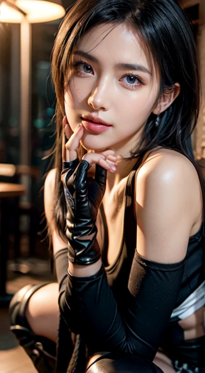 tmasterpiece,Best quality,A high resolution,8K,(Portrait),((Head close-up)),real photograph,digital photography,(Female scientists in sci-fi style),20 year old girl,Random hairstyles,By bangs,(Random Color Eyes),(Random-colored hair),A plump chest,cleavage,Elegant and noble,Serious and indifferent,Open white coat,Black tube top bra,rich details,Keep your mouth shut,Intricate ornaments,Cyberpunk futuristic style,(Female scholars),white backgrounid,oc render reflection texture