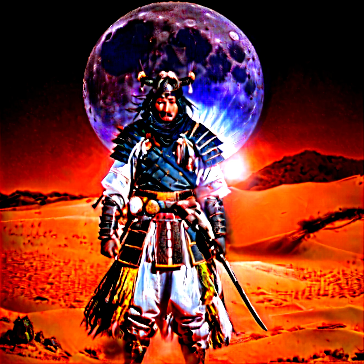 hombre  con armadura parado en el desierto con una luna llena en el fondo, samurai toro lunar, hombre samurai vagabundo, black bull samurai, Oso Luna Samurai, Guerrero Samurai, arab samurai, samurai, As a samurai, samurai portrait, portrait of a Guerrero Samurai, samurai portrait photo, egyptian samurai, japanese warrior, demon Guerrero Samurai, ancient japanese samurai