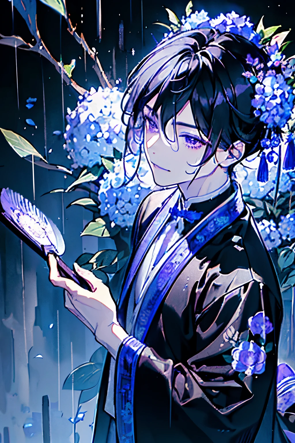 ((A young man about 18 years old)),(Black Hair:1.3),(Long Hair:1.3),(Blue, purple and grey costume reminiscent of an ancient Chinese scholar),(Close-up of face:1.25),(rain:1.2),(Hydrangea and many other flowers々:1.2),(Brush and Scroll:1.3),(smile:1.2),((Angle from below:1.2))