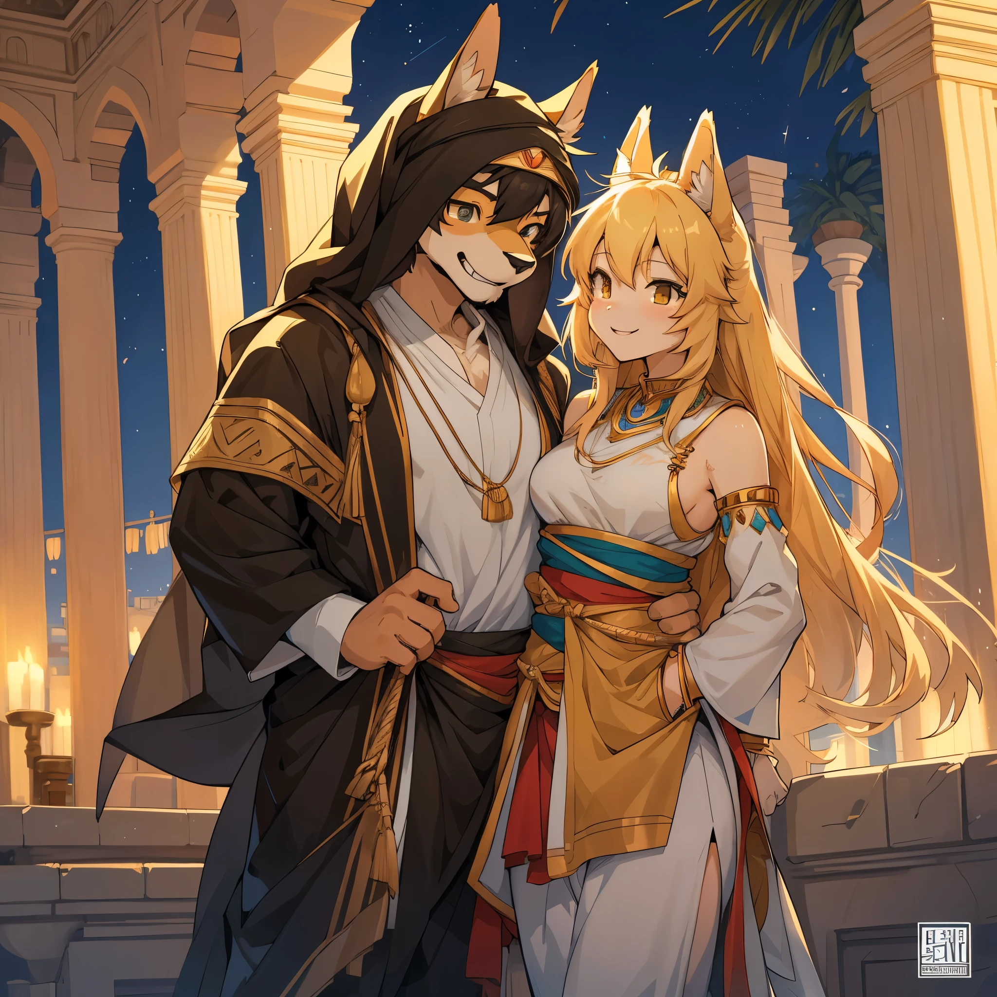 doujinshi cover_page, highres, top quality, best quality, paid reward available, unparalleled masterpiece, perfect artwork, absurdres, High-quality illustrations, super high resolution, detailed background, perfect anatomy(1girl, 1boy, couple, kemono, furry anthro, fearless smile, Arab national costume, love romance)The Arabian Nights, Alf Laylah wa Laylah,
