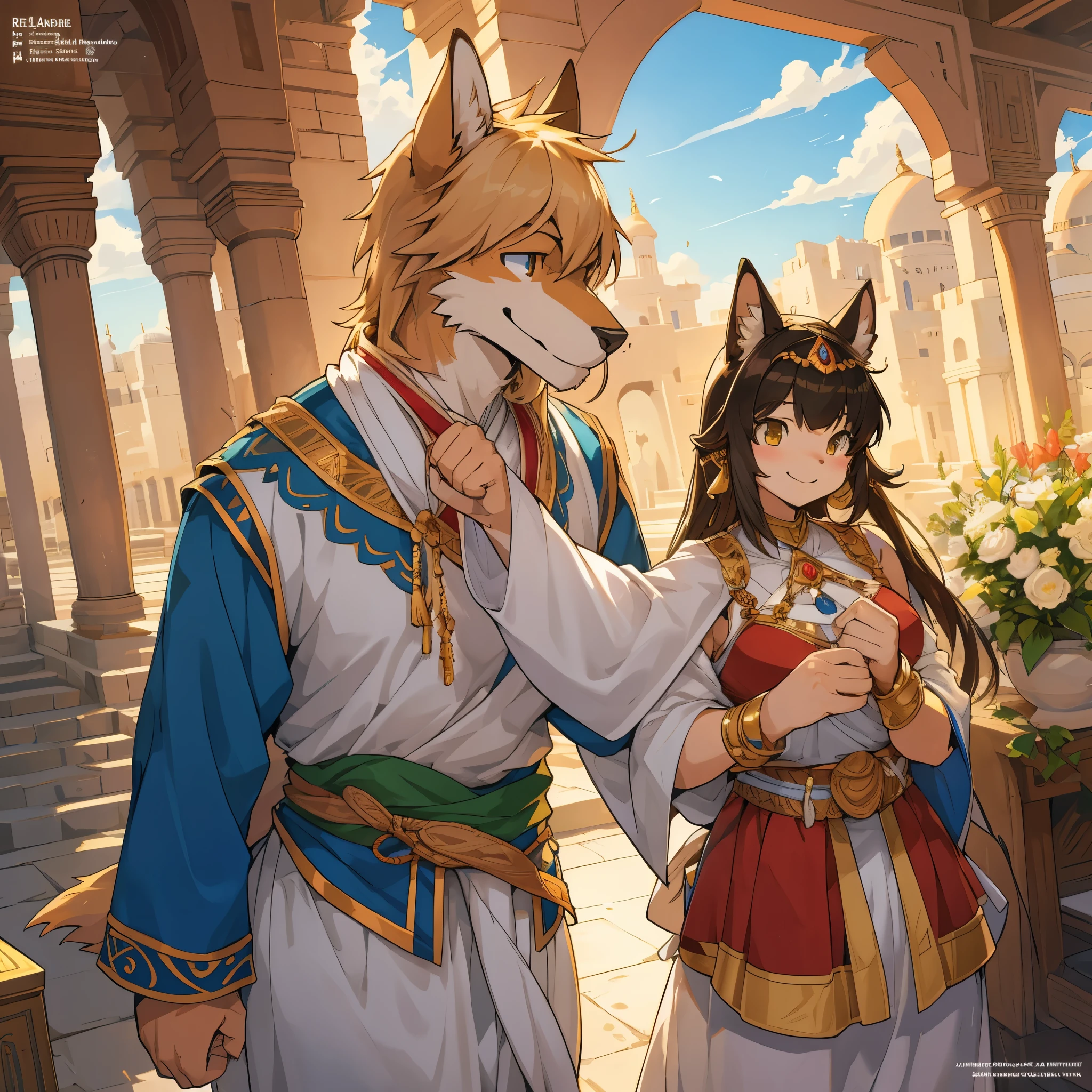 doujinshi cover_page, highres, top quality, best quality, paid reward available, unparalleled masterpiece, perfect artwork, absurdres, High-quality illustrations, super high resolution, detailed background, perfect anatomy(1girl, 1boy, couple, kemono, furry anthro, fearless smile, Arab national costume, love romance)The Arabian Nights, Alf Laylah wa Laylah,
