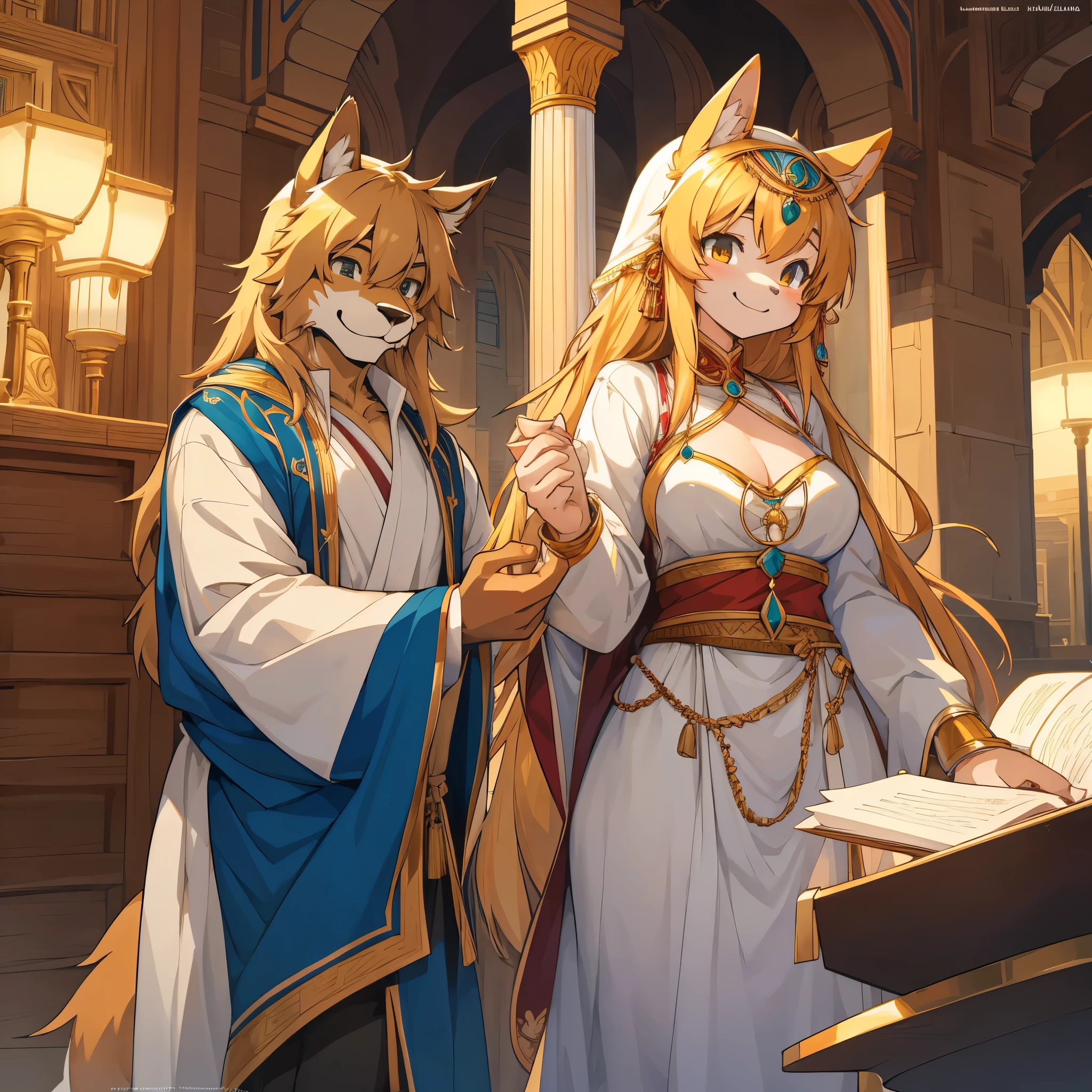 doujinshi cover_page, highres, top quality, best quality, paid reward available, unparalleled masterpiece, perfect artwork, absurdres, High-quality illustrations, super high resolution, detailed background, perfect anatomy(1girl, 1boy, couple, kemono, furry anthro, fearless smile, Arab national costume, love romance)The Arabian Nights, Alf Laylah wa Laylah,