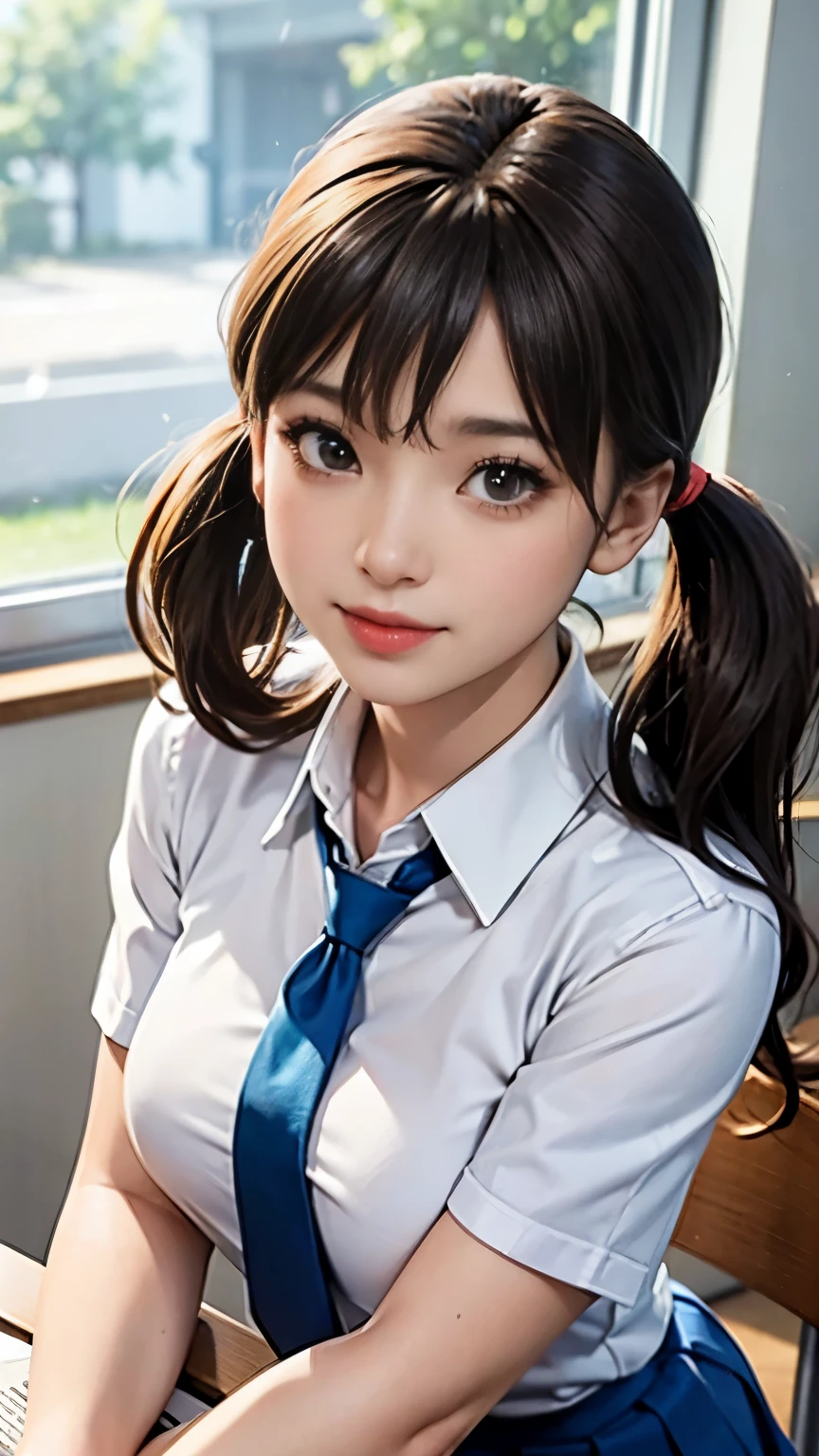 (Photorealistic:1.4, 8k), highest quality, masterpiece, Ultra-high resolution, Perfect dynamic composition, (Cinematic lens effects), (Beautiful Face), (Brown Hair:1.3, bangs, Twin tails), Highly detailed skin and facial textures:1.3, Sunburned skin:1.0, Perfect Proportions, Medium Chest, Shining Legs, Limb details,  Cute and sexy 40 year old high school girl, (Totally captivates you:0.9), (school uniform:1.3, White shirt, Blue tie, Check skirt),  (Gal Makeup, eyeliner, Lip gloss, Beautiful erotic eyes:0.85), Sexy Face、 (Beautiful Eyes, Thick lips, A taste of beautiful eroticism:0.85), (classroom, mechanical, Chair, Large windows), (Looking at the camera), (Extreme close up:1.3), smile