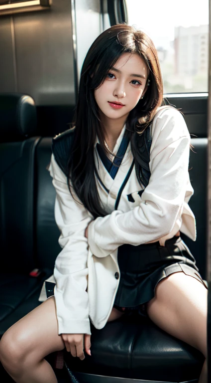 (masterpiece:1.2), (High picture quality 8K), (Highest quality), (RAW image quality),(realistic), (realistic:1.37),,Big eyes,Long eyelashes,Very sexy,(Realistic live action style),The ultimate face,realistic light and shadow,clear face,Beautiful skin, Highly detailed leather,realistic skin details,(super details),,best portrait, Young woman too1people only, Cute face,Beautifully detailed eyes, Beautiful, detailed nose, Highly detailed skin ,(Make eye contact,smile),(Beautiful face with double eyelids),((full body picture)), (realism: 1.4), Ultra high resolution,Delicate and beautiful face,18 years old,(Beautiful face 1.4),Has a slender appearance, (I wear a short skirt:1.2),big,Beautiful, bright face,The panties are visible.,The skirt is very short.,((Japanese Uniform)),red lipstick,Lame around the eyes,,Long hair to short hair, ,(I like to show my panties to the audience.),On the train at night,((Sit with your legs spread apart.)), (Show your target to the audience.),(Spread your legs and show off your panties.),High school girl in uniform,,The inside of the car is very bright.