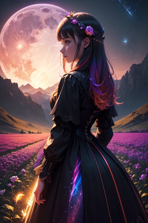 vast landscape photos , (The view from below,Above is the sky,There is an open field below), girl standing in the flower field looking up, (Full Moon:1.2), ( meteor:0.9), (nebula:1.3), Distant Mountains, Tree fracture making art, (Warm light source:1.2), (firefly:1.2), lamp, Lots of purple and orange, Intricate details, Volumetric LightingBREAK
(masterpiece:1.2), (best quality), 4K, Super detailed, (Dynamic Synthesis:1.4), Very detailed, Colorful Detailed,( Rainbow Colors:1.2), (Luminous lighting, Mood lighting), dream, magic, (Solitary:1.2)