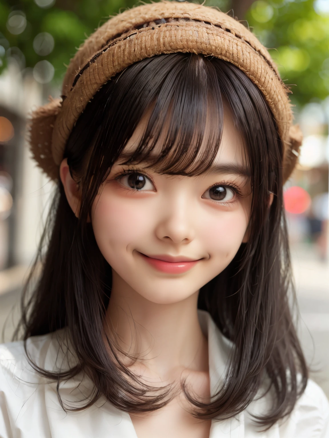master piece , best quality , woman , bowler hat , bangs , smile , outdoor