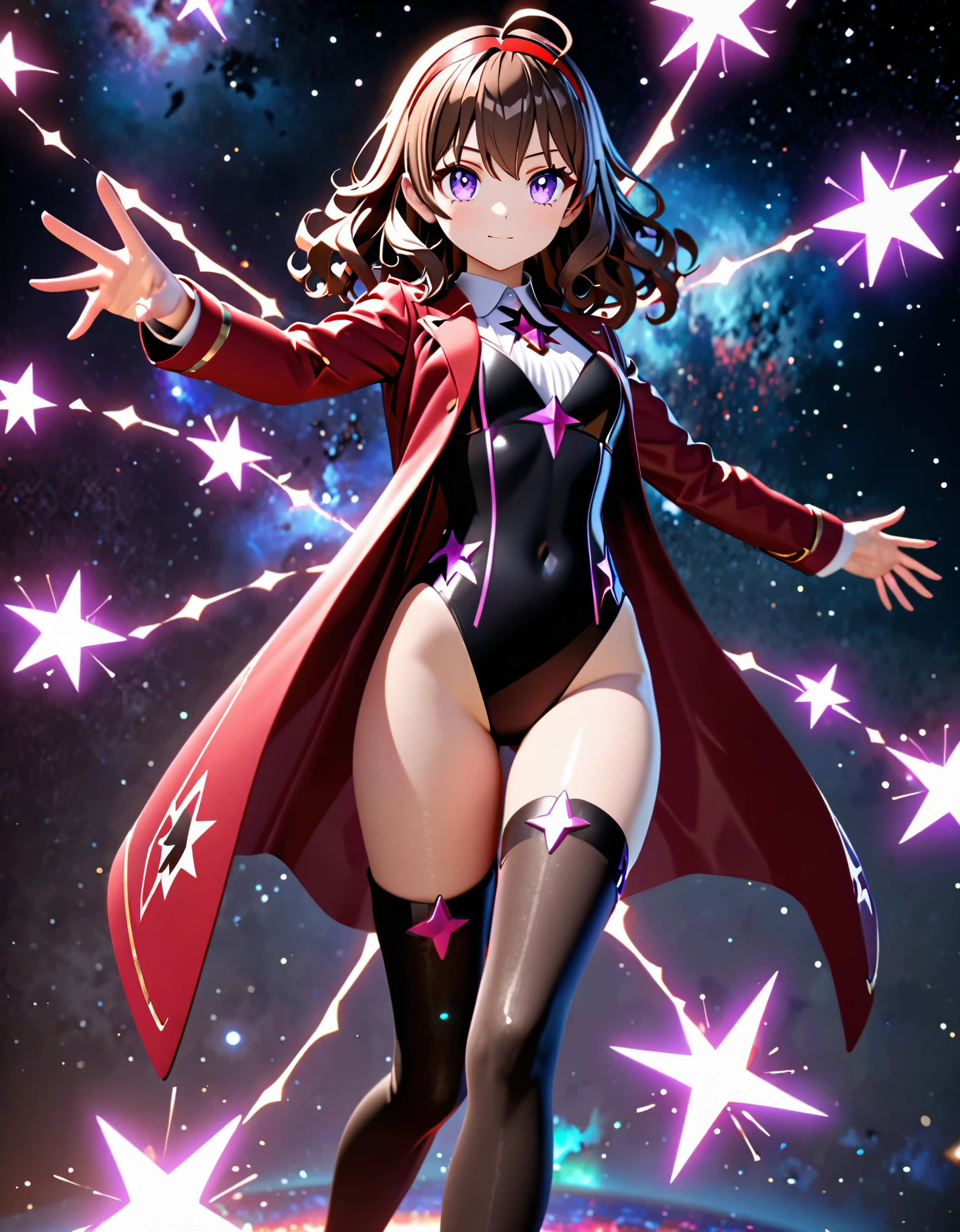 ((masterpiece)), ((best quality)), ((high res)), 3D anime style, solo, solo focus, Woman with brown eyes, age 21 (medium hair, dark brown hair, wavy hair, red hairband), ahoge, ((white blouse with black stars, vest, suit jacket, opened jacket, red jacket with stars)), (leotard, black leotard, bare legs, black thigh-highs, high-heel shoes, matching footwear), purple stellar energy around, cosmic power, cosmic shining power. purple eyes, beautiful detailed eyes, beautiful detailed face, cute face, (perfect hands, complete fingers), (perfect anatomy, perfect proportions). (casting a spell). full body costume design, full body, cowboy shot.