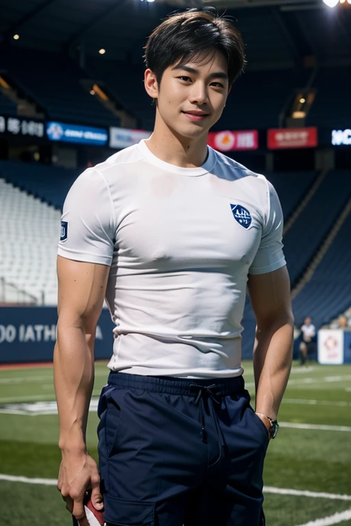 1 man, smile, (Wear a navy blue shirt, round neck, short sleeve football shirt.), Navy cargo pants, Korean people , korean men, (high gloss details), chest muscles, Big arm muscles, blood vessel, big muscles, Broad shoulders, looking at the audience, Balancing the eyes, (Make eye contact), sports stadium, football