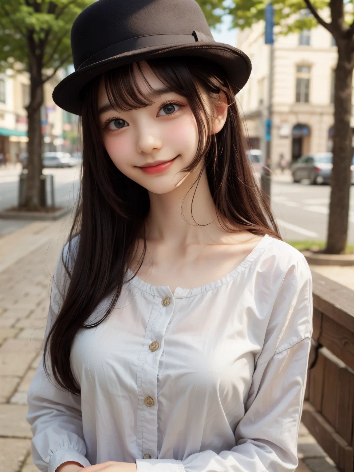 master piece , best quality , woman , bowler hat , bangs , smile , outdoor