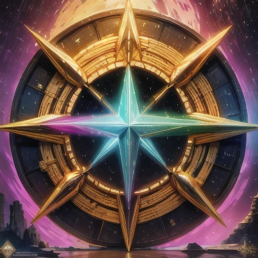 A close-up of a star with a rainbow star in the middle and a seven pointed pink star, symmetrical!! Conceptual Art, Futuristic Gilded Star Gate, Fantasy RPG Symmetric Portrait, Symmetric Epic Fantasy Art, Deviantart eka Portal, Gorgeous Silver River Gold, Fantasy Game Spell Symbols, CG Art, Astrolabes, Gorgeous Gilded Universe Machines, Empire Symbols