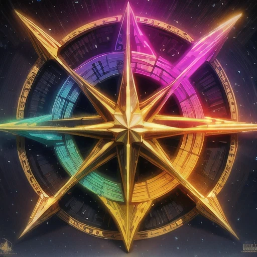 A close-up of a star with a rainbow star in the middle and a seven pointed pink star, symmetrical!! Conceptual Art, Futuristic Gilded Star Gate, Fantasy RPG Symmetric Portrait, Symmetric Epic Fantasy Art, Deviantart eka Portal, Gorgeous Silver River Gold, Fantasy Game Spell Symbols, CG Art, Astrolabes, Gorgeous Gilded Universe Machines, Empire Symbols