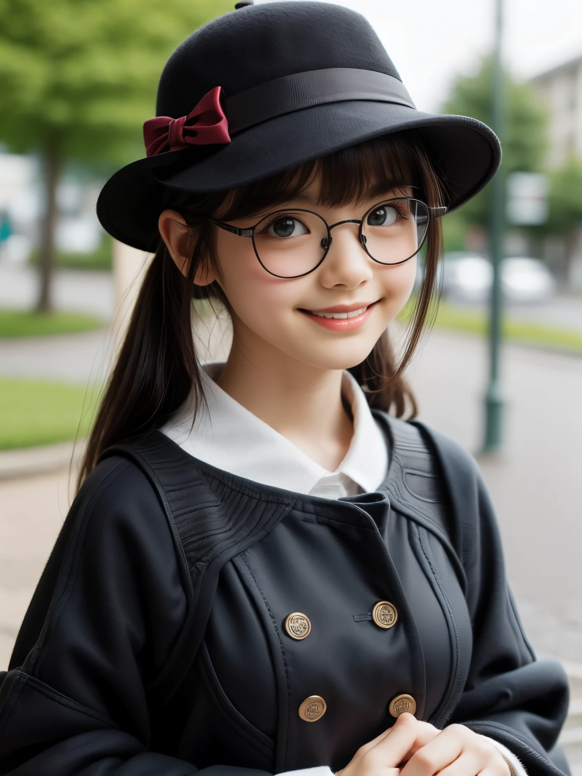 master piece , best quality , woman , bowler hat , bangs , smile , outdoor