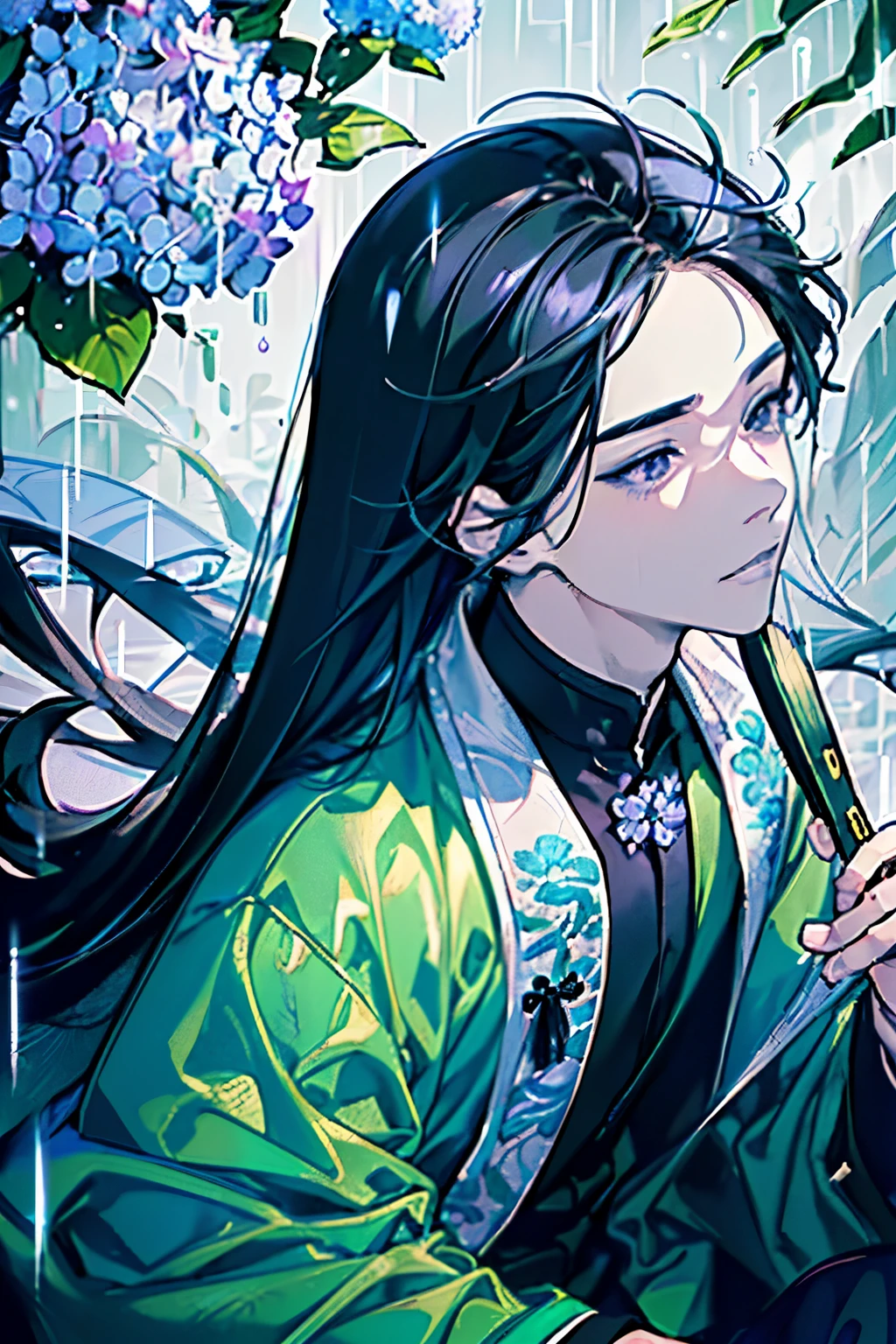 ((A young man about 18 years old)),(Black Hair:1.3),(Long Hair:1.3),(Dressed in light green, blue, purple, and grey, like an ancient Chinese scholar),(Close-up of face:1.25),(rain:1.2),(Hydrangea and many other flowers々:1.2),(Brush and Scroll:1.3),(smile:1.2),((Angle from below:1.2))