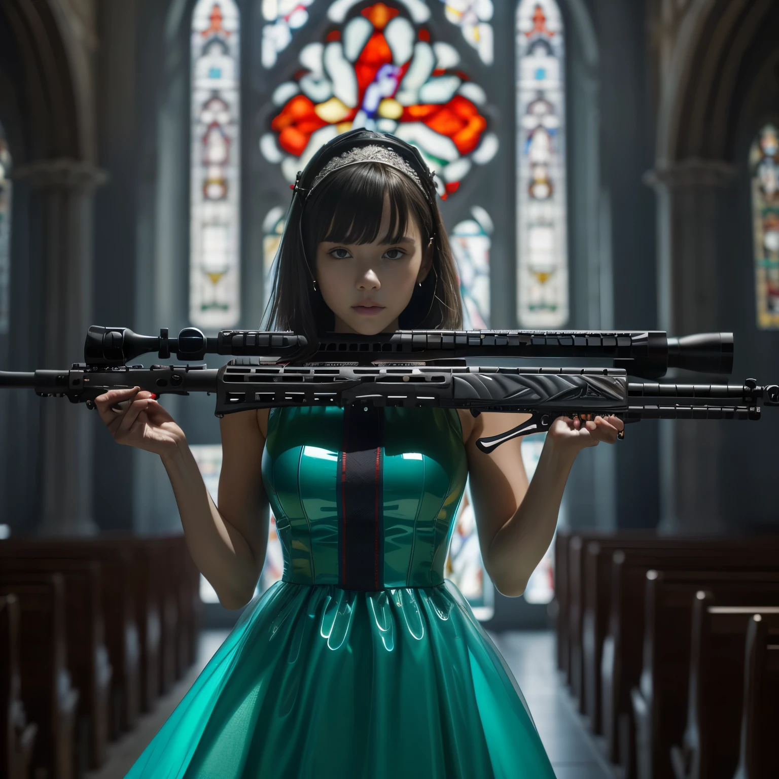 (best quality,ultra-detailed,realistic:1.37),portrait,hair styled up,translucent latex dress,(Aim your assault rifle at the camera:1.6),she is standing at the altar of a chapel,stained glass, mynatalee woma、cr1r3、ahud