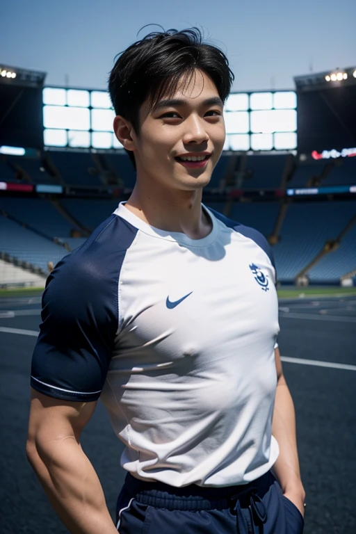 1 man, smile, (Wearing a white and navy blue, round neck, short sleeve football shirt.), Navy Cargo Pants, Young Korean , Korean Men, (High shadow detail), Pectoral muscles, Big arm muscles, blood vessel, Big muscles, Wide shoulders, looking at the audience, balance eyes, (eye contact), stadium, football