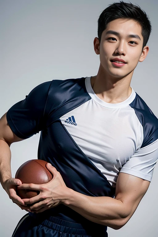 Handsome young man. Handsome young man, 20 years old.,Looking at the camera,Wearing a black Adidas t-shirt, standing on the football field.