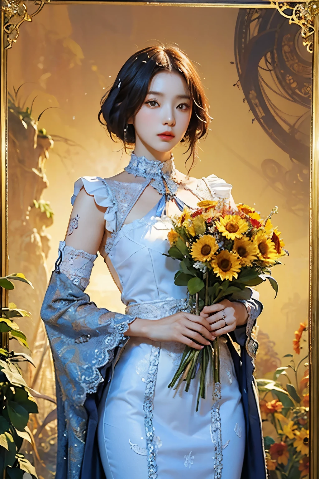 (masterpiece, top quality, best quality, official art, beautiful and aesthetic:1.2), (1 woman), extremely detailed,(fractal art:1.3),fancy,Most detailed chiaroscuro illustration of a woman holding a bouquet of sunflowers in front of a golden background, Surrealist Art Nouveau, chie yoshii, Andrei Lemnev, by Yamagata Hiro, Mucha Klimt and Tom Bagshaw, Inspired by J. Seed. Leyendecker, Inspired by J.Seed. Leyendecker, Inspired by James Seed. Seedhristensen