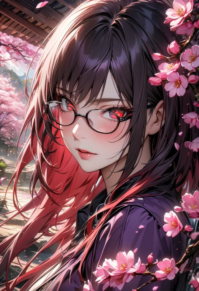 absurdres, highres, ultra detailed, HDR, master piece, best quality, extremely detailed face and eyes, Karin, expressive red eyes, red long hair, glasses with black frames, Naruto Shippuden, solo, woman, extremely beautiful, purple clothes, pretty, pink petals, blossoms, trees, pink flowers