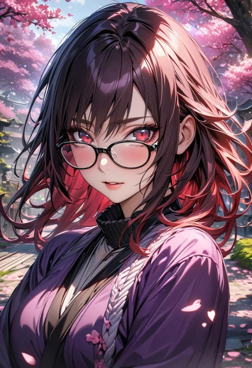 absurdres, highres, ultra detailed, HDR, master piece, best quality, extremely detailed face and eyes, Karin, expressive red eyes, red long hair, glasses with black frames, Naruto Shippuden, solo, woman, extremely beautiful, purple clothes, pretty, pink petals, blossoms, trees, pink flowers