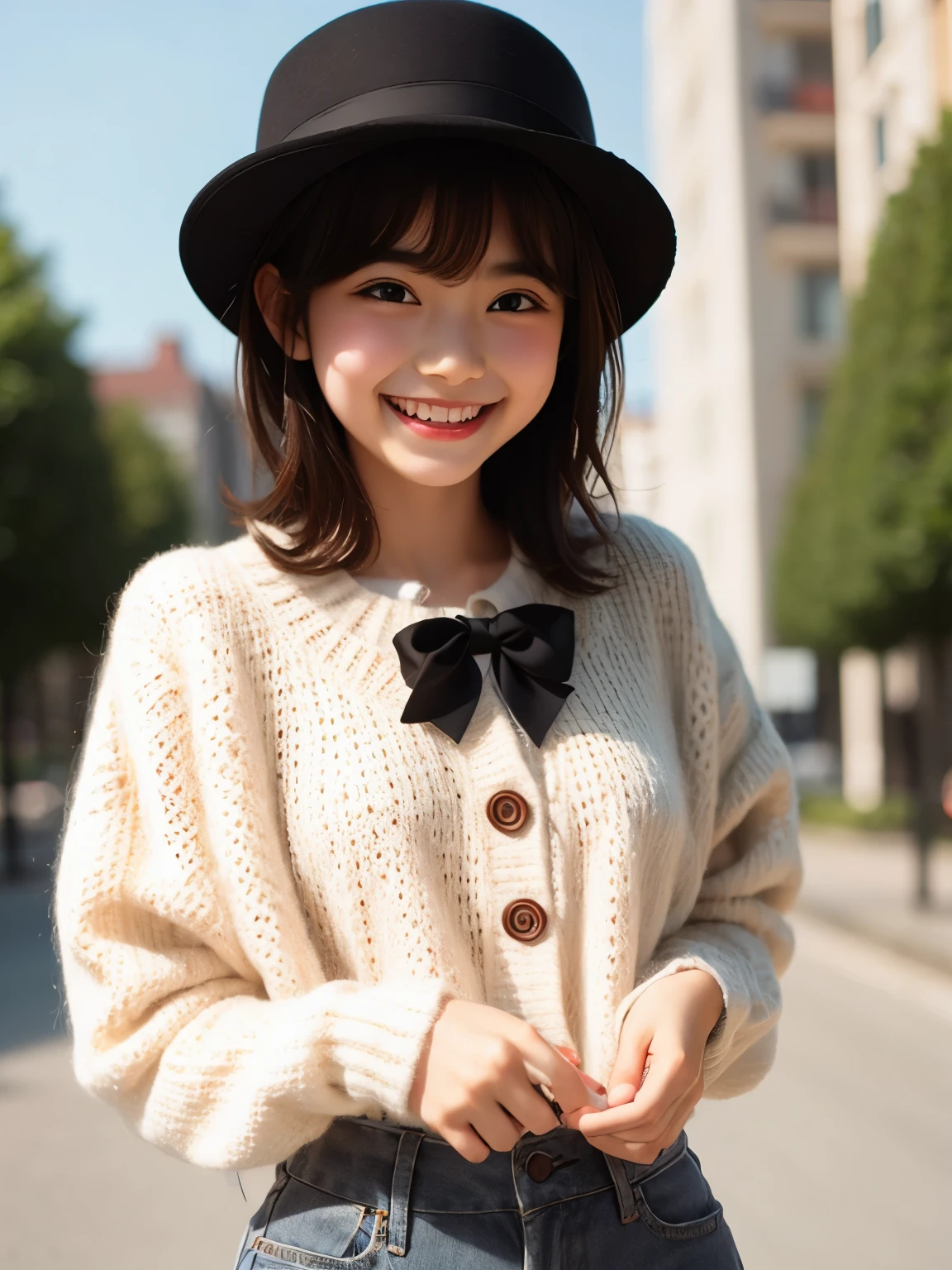 master piece , best quality , woman , bowler hat , bangs , smile , outdoor
