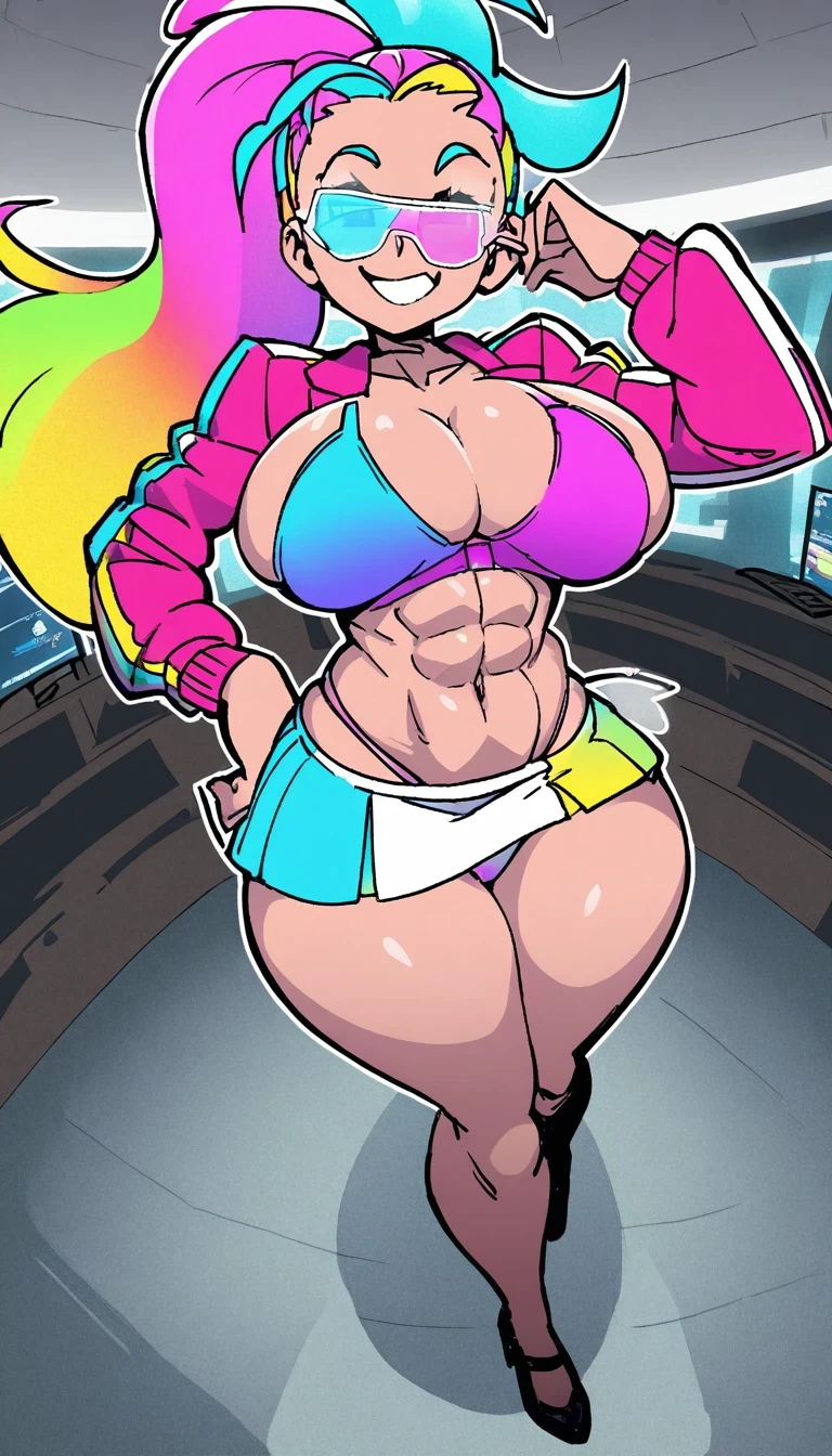 ,sexy eyes,micro skirt,giant tits,big ,fisheye perspective,bimbo,smile, braces,top,pantie,thicc,abs,bra cleavage,rainbow hair,pastel color,style,rgb jacket,rgb glasses,creative design,full body,hair ponytail