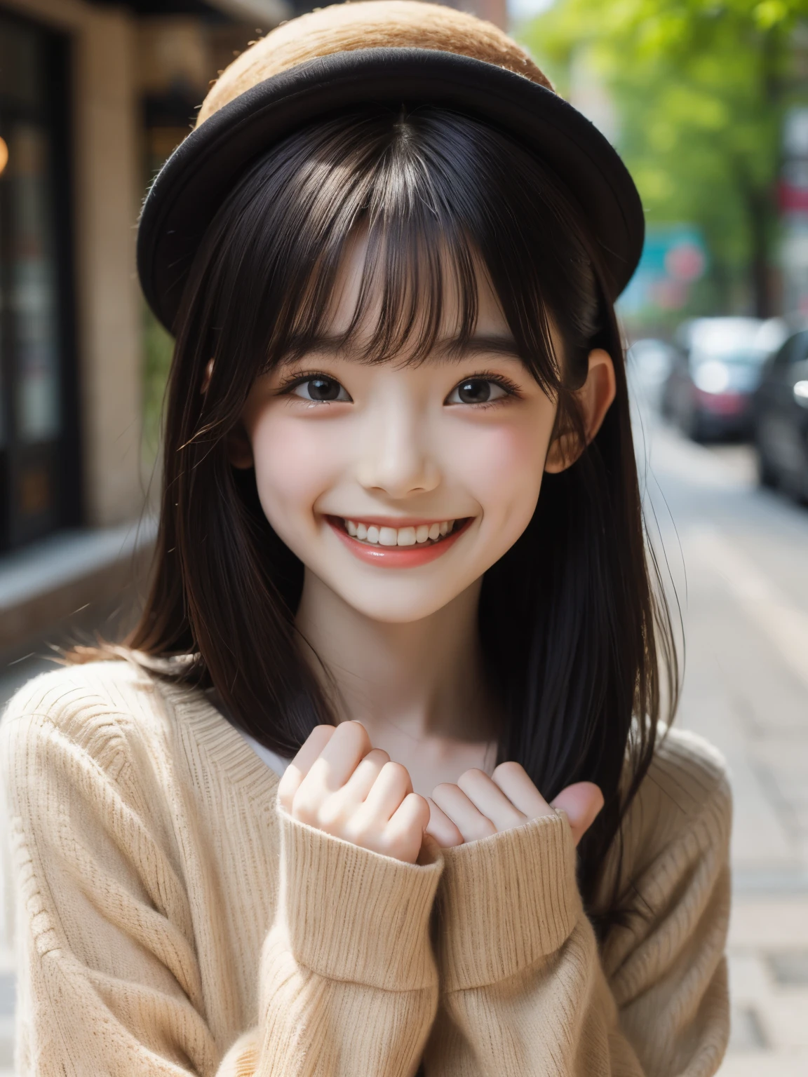 master piece , best quality , woman , bowler hat , bangs , smile , outdoor
