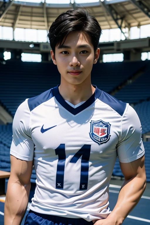 1 man, smile, (Wearing a white and navy blue, round neck, short sleeve football shirt.), Navy Cargo Pants, Young Korean , Korean Men, (High shadow detail), Pectoral muscles, Big arm muscles, blood vessel, Big muscles, Wide shoulders, looking at the audience, balance eyes, (eye contact), stadium, football
