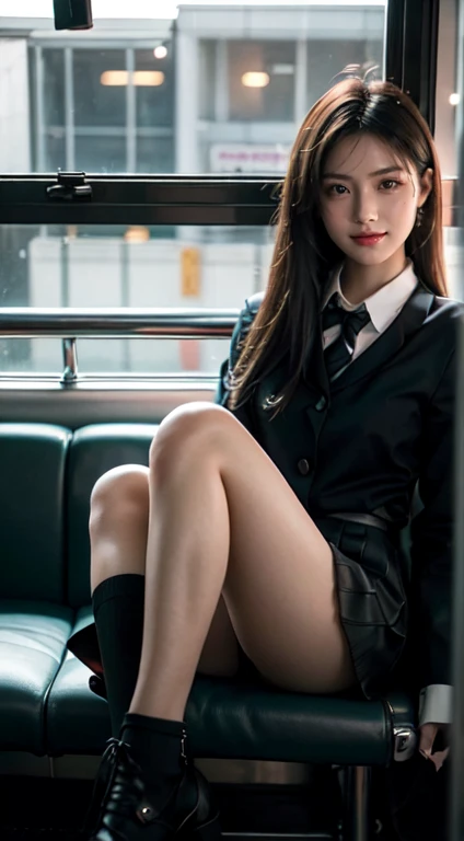 (masterpiece:1.2), (High picture quality 8K), (Highest quality), (RAW image quality),(realistic), (realistic:1.37),,Big eyes,Long eyelashes,Very sexy,(Realistic live action style),The ultimate face,realistic light and shadow,clear face,Beautiful skin, Highly detailed leather,realistic skin details,(super details),,best portrait, Young woman too1people only, Cute face,Beautifully detailed eyes, Beautiful, detailed nose, Highly detailed skin ,(Make eye contact,smile),(Beautiful face with double eyelids),((full body picture)), (realism: 1.4), Ultra high resolution,Delicate and beautiful face,18 years old,(Beautiful face 1.4),Has a slender appearance, (I wear a short skirt:1.2),big,Beautiful, bright face,The panties are visible.,The skirt is very short.,((Japanese Uniform)),red lipstick,Lame around the eyes,,Long hair to short hair, ,(I like to show my panties to the audience.),On the train at night,((Sit with your legs spread apart.)), (Show your target to the audience.),(Spread your legs and show off your panties.),High school girl in uniform,,The inside of the car is very bright.