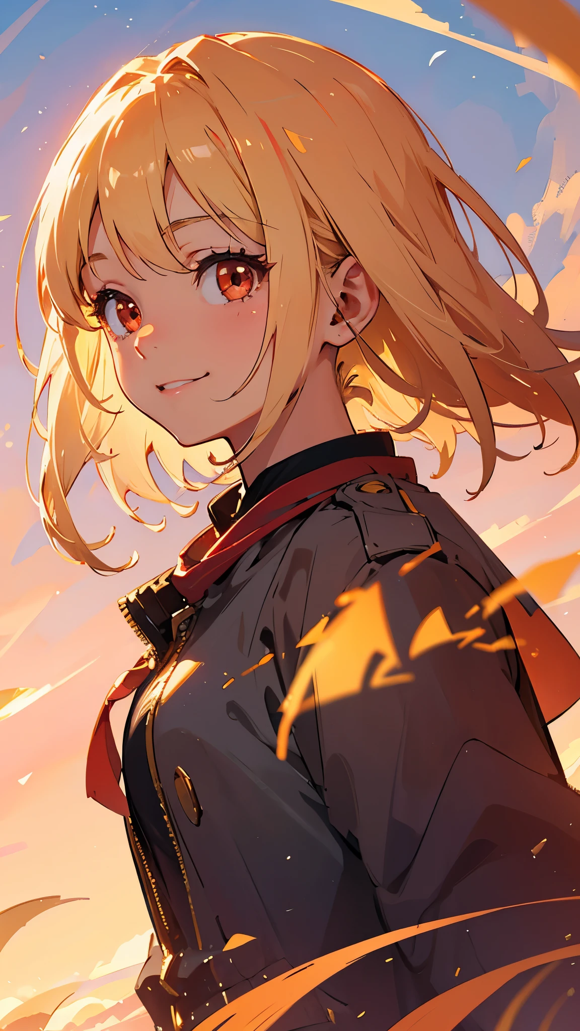 Upper body close-up, highest quality, cute, One Girl, alone, Blonde, Red eyes, smile, From the side、Golden Hour Sky