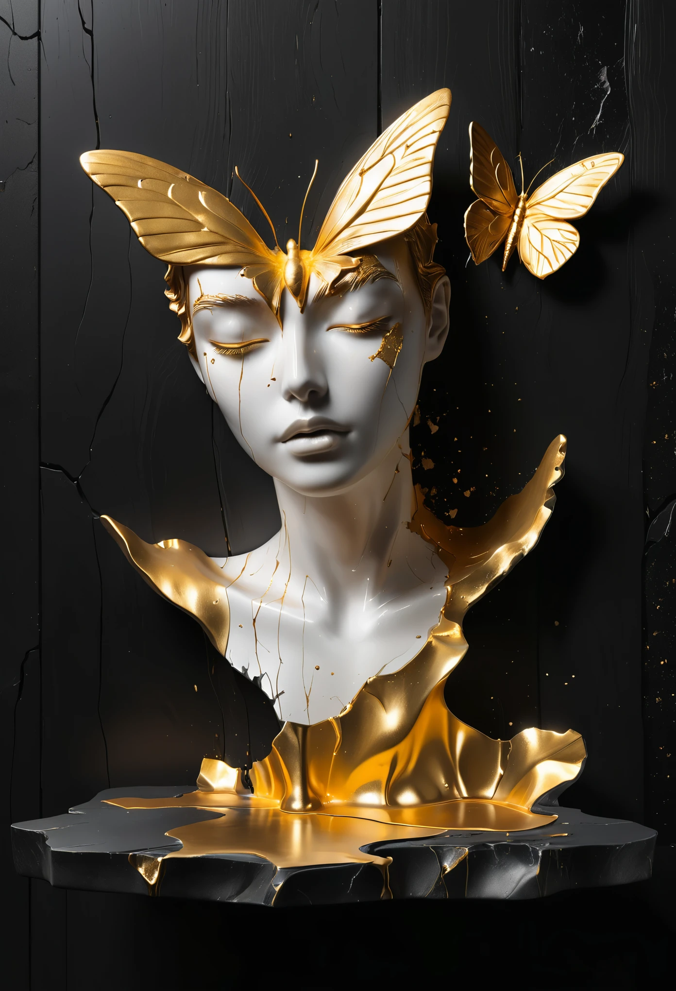 ((display，Still life table，Artistic statues，3D Sculpture，ceramics，Surface cracks，Shattered Texture)), Showing the beauty of nature.gold，Golden powder，portrait， This artwork is presented on a black background，To emphasize its artistic quality.
wood