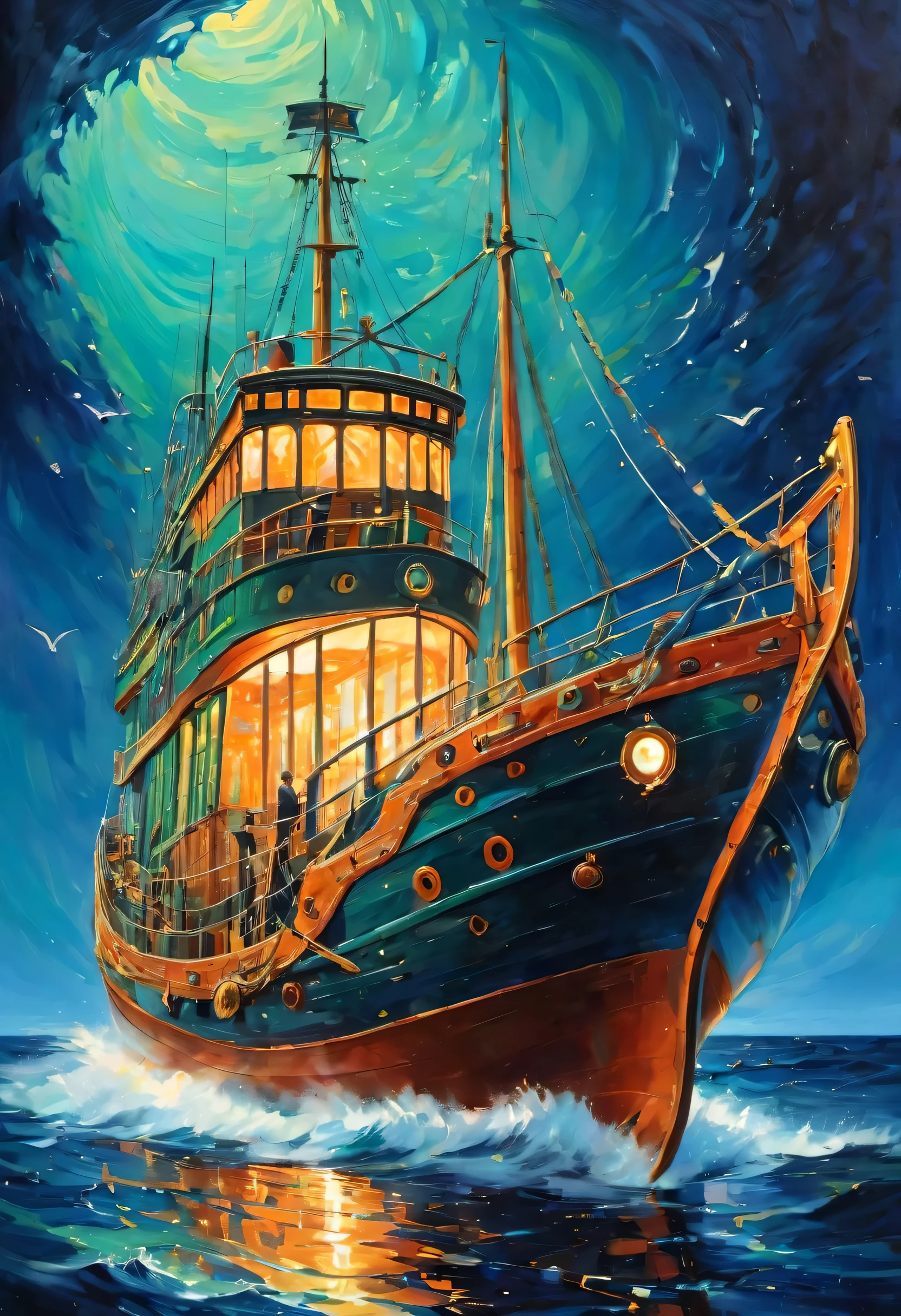 In a mesmerizing surreal acrylic painting, A Dazzling Phantom Time Trawler Emerges with Fascinating Detail. The main subject of the picture is a large, A ship-like vessel of elaborate design, Decorated with vivid and fantastical patterns. Colors range from bright orange and deep blue and green, Create stunning visual contrast. The slender shape and curved metal structure of this trawler give it an otherworldly look, Its reflective surface shimmers with an ethereal light. The skillful brushwork and meticulous attention to detail make this painting a true masterpiece, Leading the audience into a mysterious and evocative realm.
