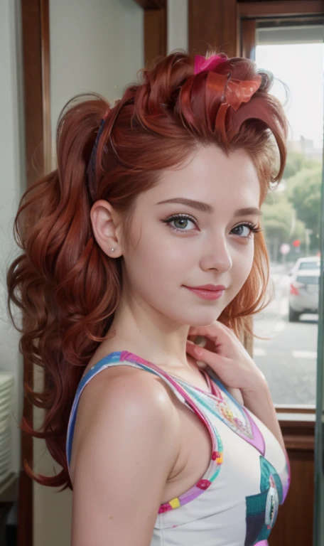 Photo oF a 18 year-old American girl, .CRUDO, beautiFul woman, ((Cara detallada:1.2)), ((Detailed Facial Features)), (Piel Finamente detallada), pale skin , pecas en mejillas , ojos azules , Small nose, 、un sexy(color fresco), wet, wet, ReFlectoreasutepiece) (proporciones perFectaotos realistas)(La mejor calidad) (Detallado) FotograFiado con una EOS R5 de Canon, lente de 50 mm, F/2.8, NFFSW, (8K) (papel tapiz) (cinematic lighting) (dramatic lighting) (sharp Focus) (Enrevesado) senos grandes , pechos grandes ,cuerpo completo , hermoso cuerpo de adolesente ,lindo maquillaje , gran sonrisa ,Fondo variado , cabello rosa esponjoso , pelo rosa esponjoso , mlp , pinkie pie , Equestria girls , outfit variado