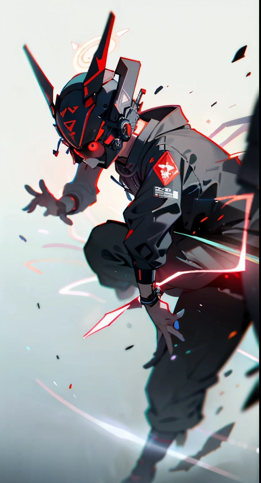 masterpiece, best quality, A close-up shot of a futuristic boy,China is black and impermanent,The traditional image of Hei Wuchang,Tradition meets modernity,Chinese style,Wearing a fantastic cyber helmet,Red triangle LED light and halo on the helmet, Wearing a black Techwear jacket with "Peace in the World" written on it, Full body white background