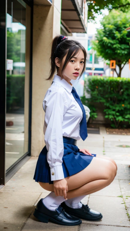 Thai, ponytail, white collared shirt, Long sleeve shirt, necktie, pleated skirt, dark blue long skirt, white socks, black loafers, Thighs look good, squatting down, open leg to side, showing her panties, white panties, panties shot