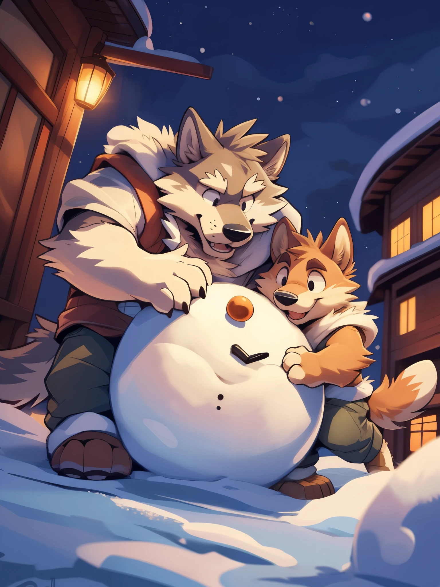 , Musclegut, big chest, cute bear boy, blush, embarrassed, expression of agony, Scarf, squat, masturbate together, sweaty, Precum drips, two persons, Snowy landscape in the background, behind the shed