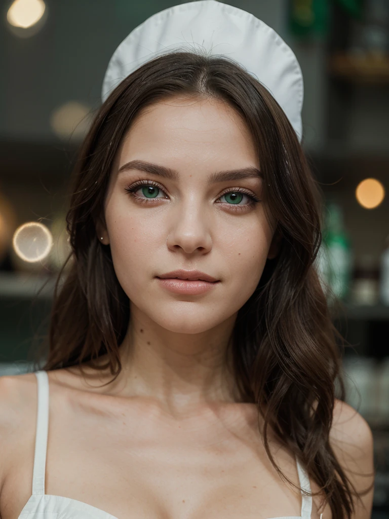 1 femme, cheveux brun, yeux brun, visage fin, yeux verrons un gris et l'autre vert,20 ans, visage d'ange , charmeuse,very realistic, Net resolution, focus sur le visage, chef-d'artwork, bokeh on background,