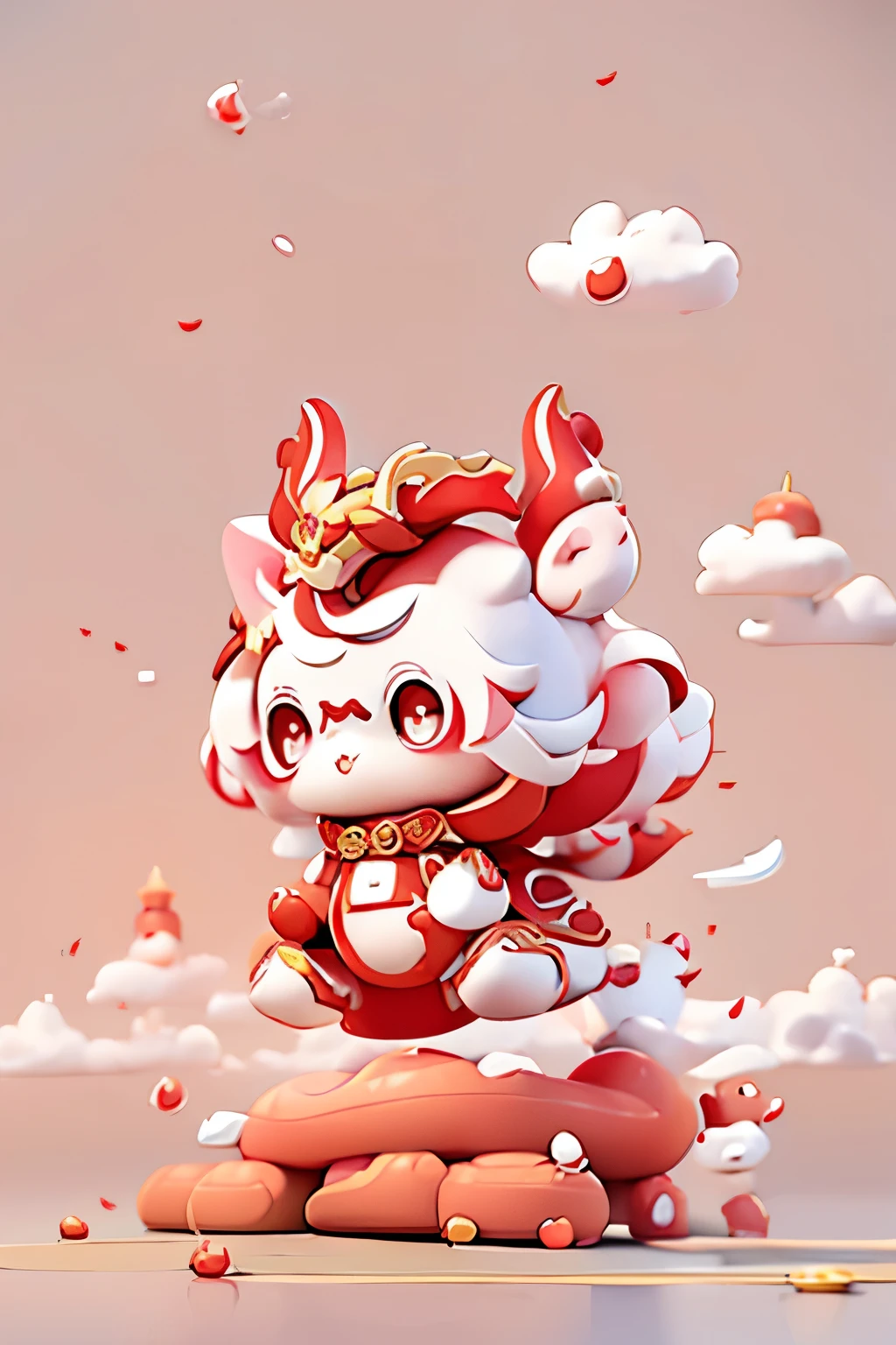 A cute cartoon dragon standing,Personification,red,gold,Dragon Horn,Auspicious Clouds,Little tail,Q version,IP image design,,北京的IP image design,No background