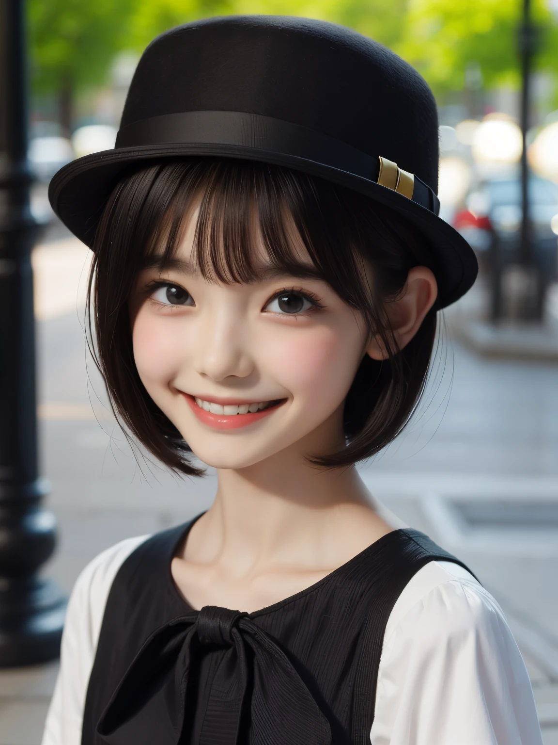 master piece , best quality , woman , bowler hat , bangs , smile , outdoor, extra short hair, sidelocks-hair, cute face,brown eye