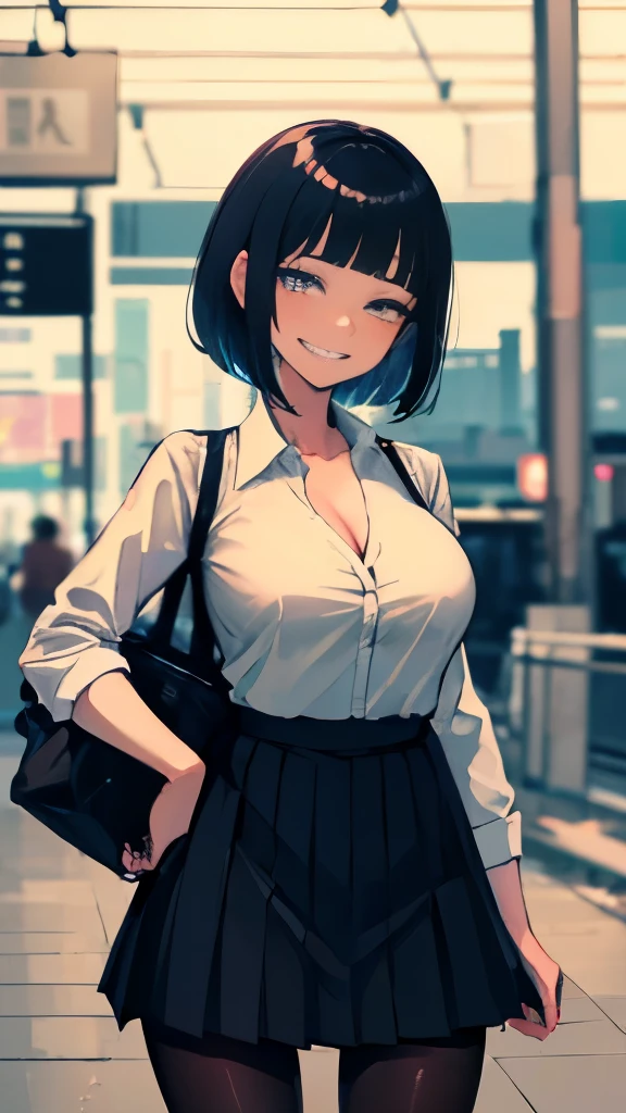 (8k、Best image quality、highest quality、masterpiece)、Detailed face、((One ))、Black Hair、Bobcut、Blunt bangs、shiny bright blue eyes、Wicked Smile、((Grin))、((Big Breasts、Big cleavage))、White shirt and pleated skirt、((High school girlini skirt))、Black Pantyhose、Cowboy Shot、salute、Station platform waiting for the train 、station Background、(Detailed people、Shiny skin、Oily skin)、Written background、Background blur、