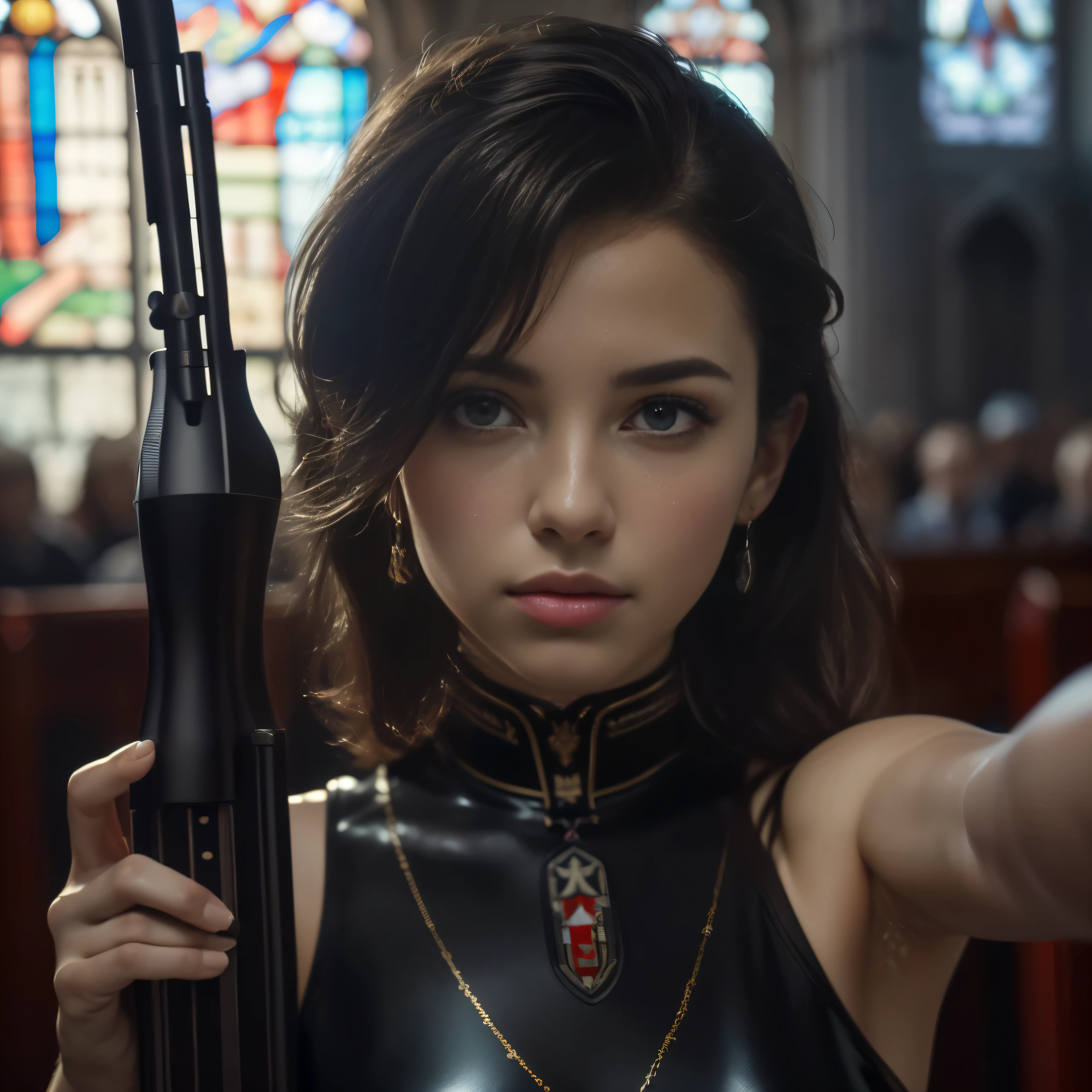 (best quality,ultra-detailed,realistic:1.37),portrait,hair styled up,translucent latex dress,(Aim your assault rifle at the camera:1.6),she is standing at the altar of a chapel,stained glass, mynatalee woma、cr1r3、ahud