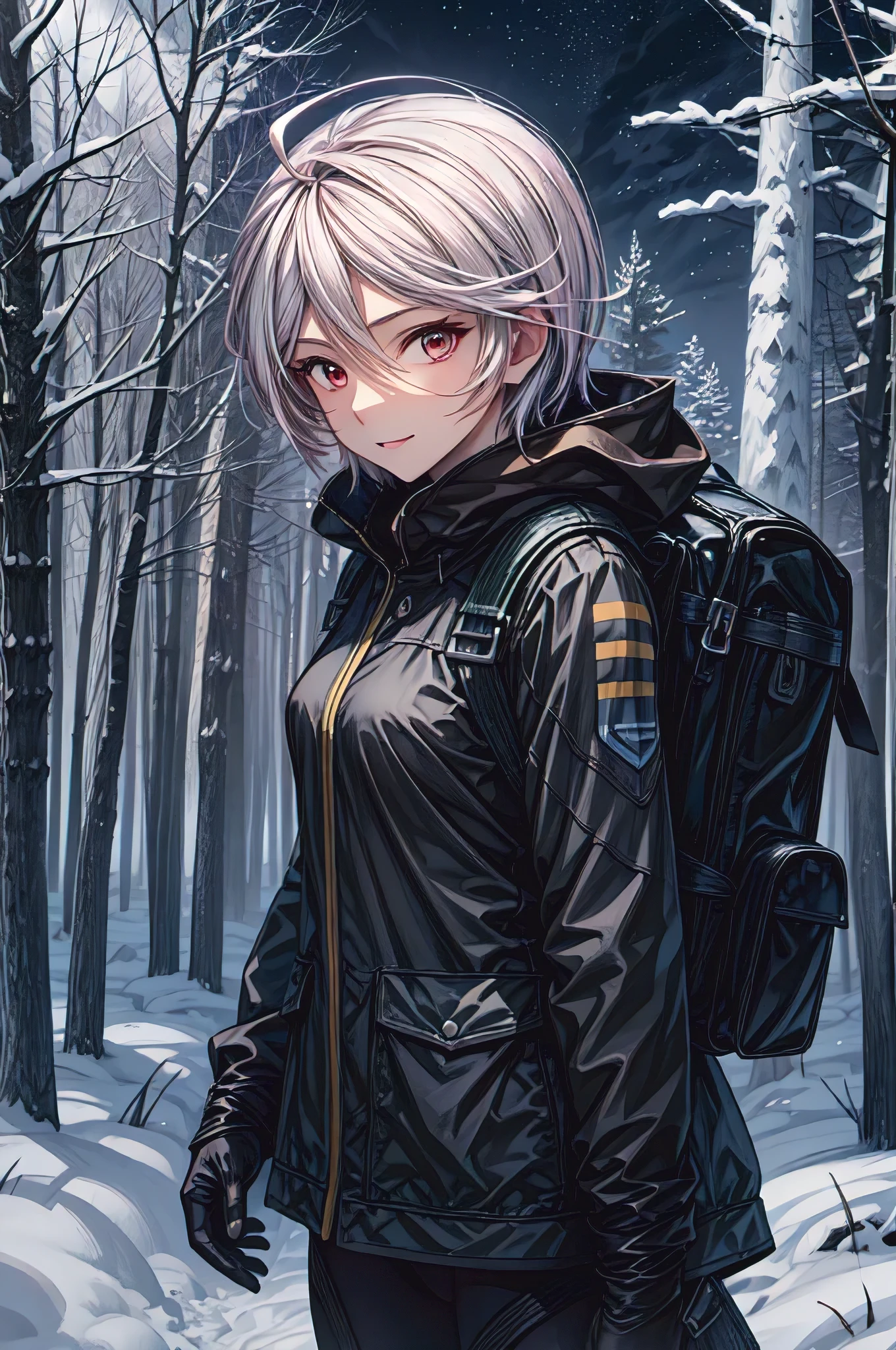 (masterpiece, best quality:1.2), solo, 1girl, yamamoto akira, dark skin, expressionless, looking at viewer, ahoge, bodysuit, outer space, (dynamic pose:1.0),happy,smile,(centered,scale to fit dimensions,Rule of thirds), ((snowy pine forest at night)), with dark stormy clouds,winter,scenery:1.25,((snow forest background)),Christmas tree, highres,sharp focus,(ultra detailed,extremely detailed),(photorealistic artwork:1.37),(extremely detailed CG unity 8k wallpaper),(((vibrant colors,vibrant theme))),(intricate),(masterpiece),(best quality),
